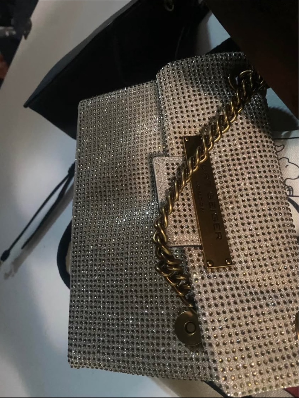 Kurt Geiger Silver Rhinestone Chain Crossbody Bag with Gold Chain